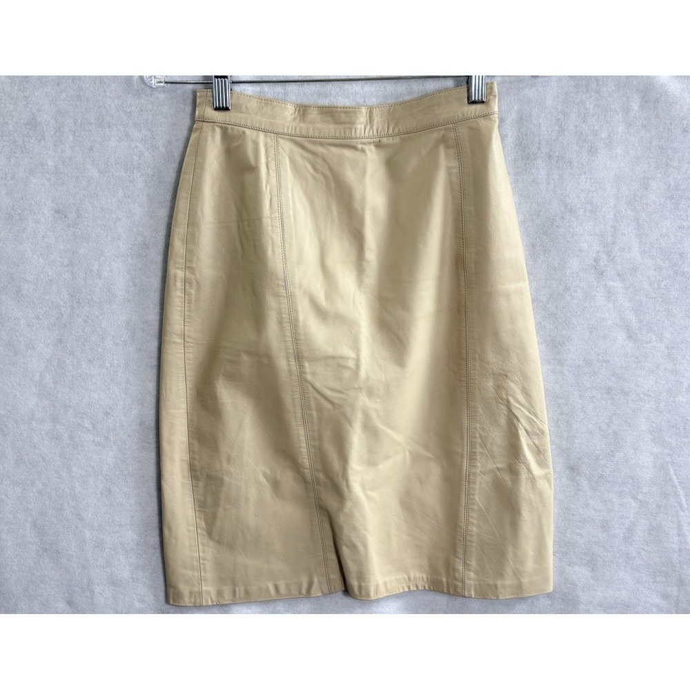 Vtg CEDARS Women 100% Leather Knee Length Pencil Skirt Sz 6 Cream 80s Retro 25-1